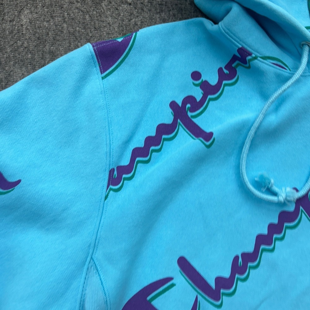 Champion Reverse Weave Hoodie Womens Medium Blue Crop All Over Print Sweatshirt - Picture 3 of 8
